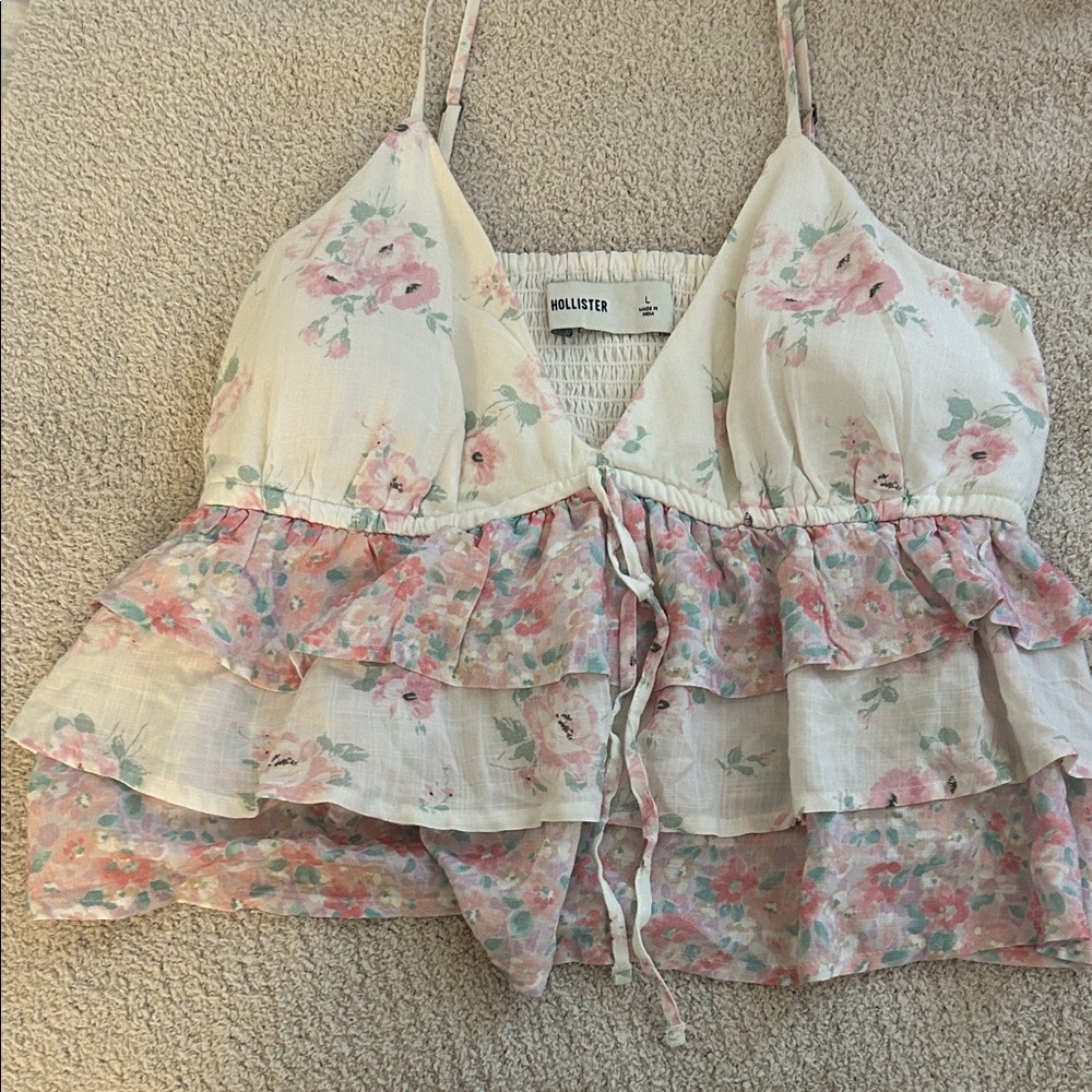 Hollister Floral Ruffle Camisole - Cream and Pink
